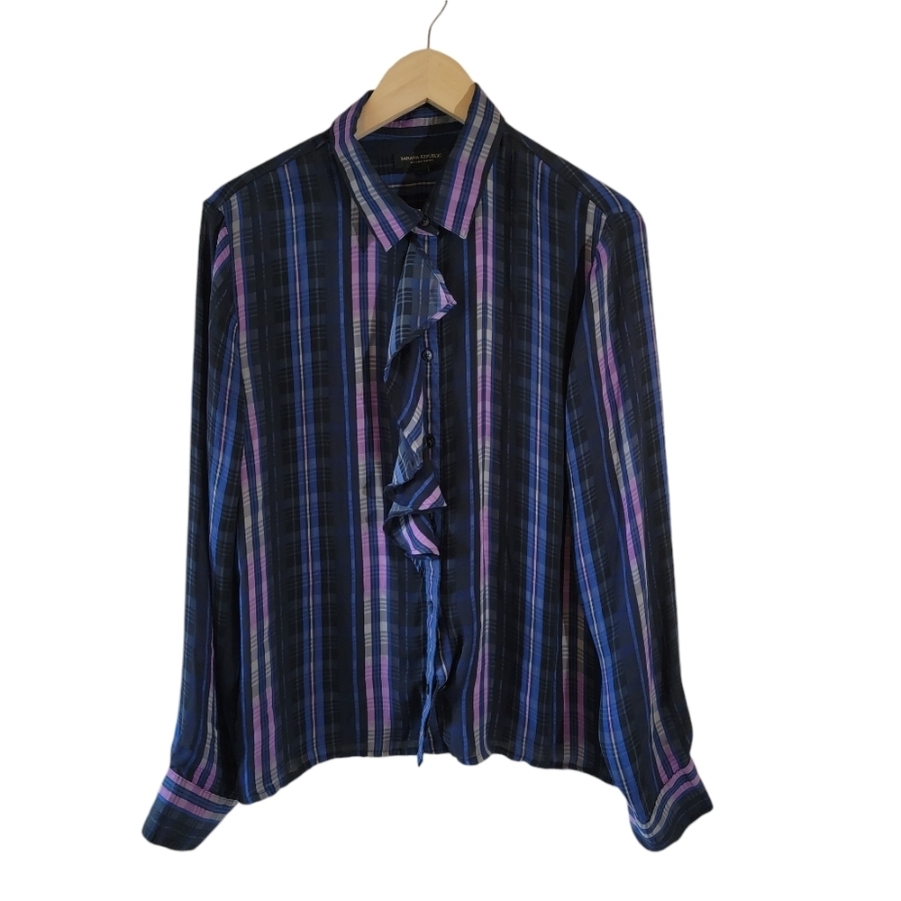 Banana Repuic Dillon Shirt XL Blue Plaid Ruffled Long Sleeve Peasant Corporate